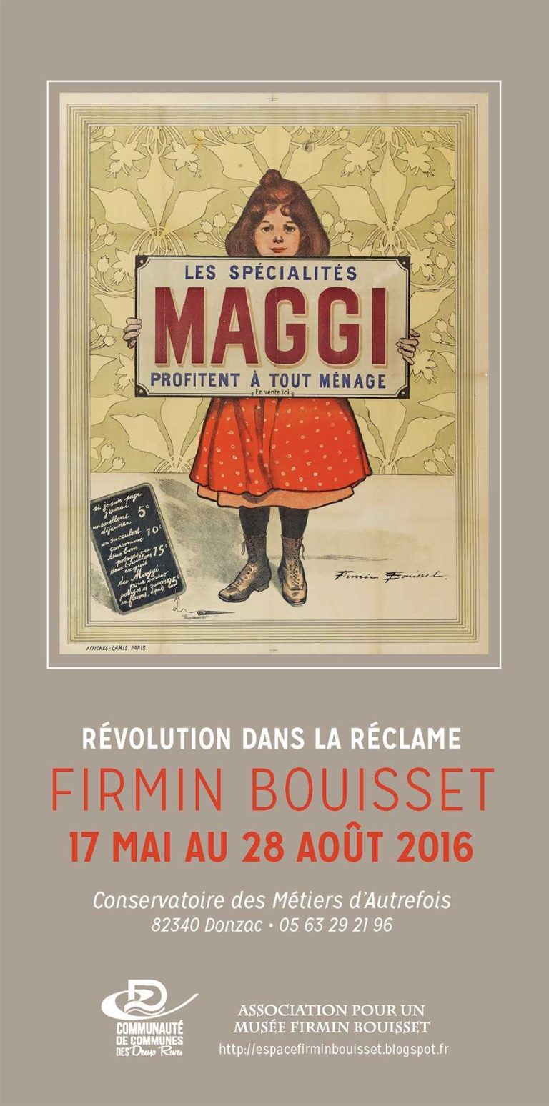 Affiche de l'exposition "Révolution dans la réclame" mettant en avant Firmin Bouisset, Conservatoire des Métiers d'Autrefois de Donzac, du 17 mai au 28 août 2016.